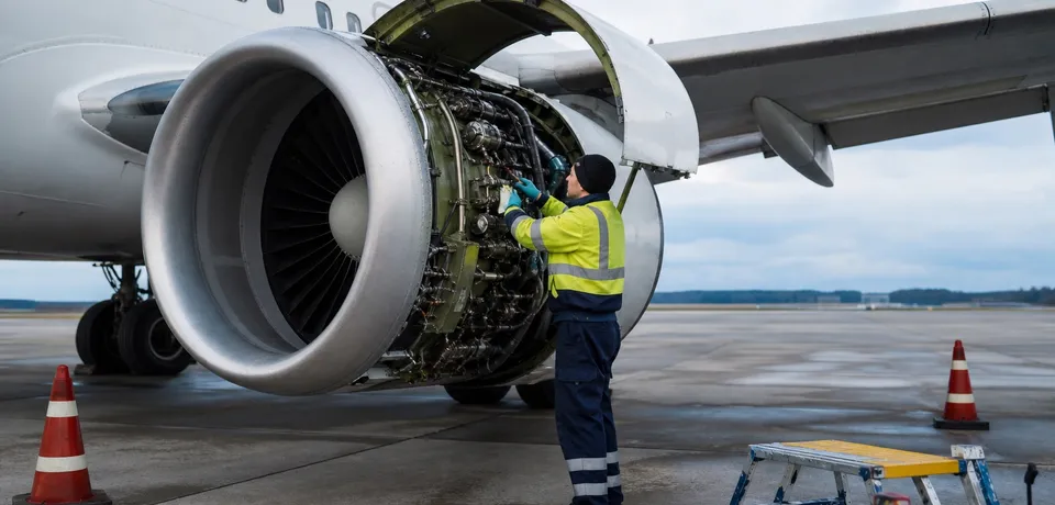 Técnico realizando mantenimiento en línea en el motor de una aeronave