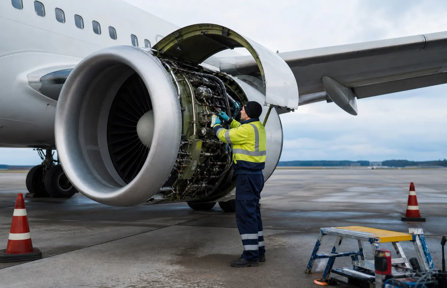 Técnico realizando mantenimiento en línea en el motor de una aeronave