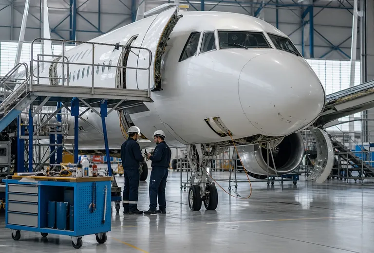 Equipo técnico trabajando en un centro de mantenimiento aeronáutico