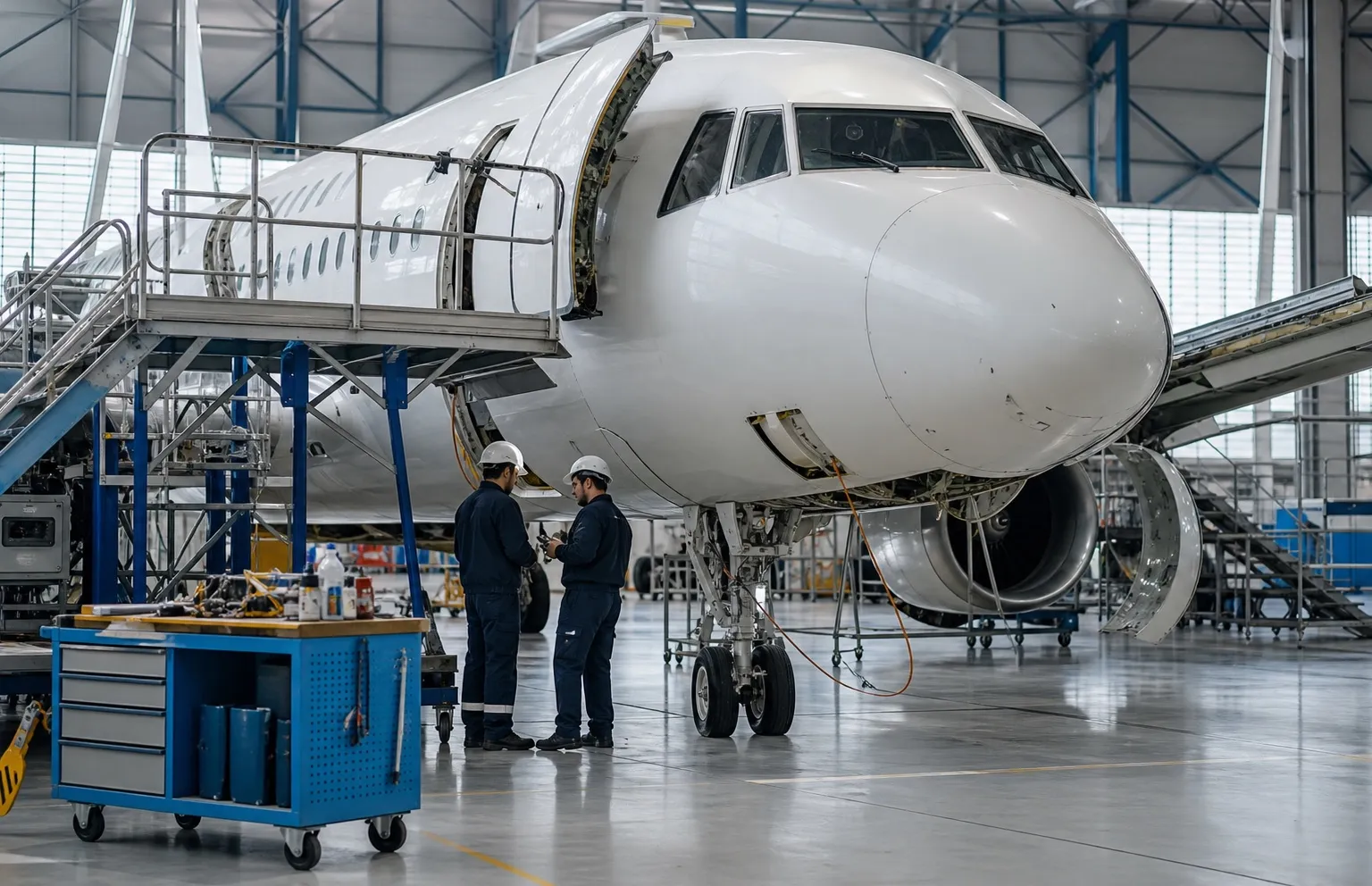 Equipo técnico trabajando en un centro de mantenimiento aeronáutico